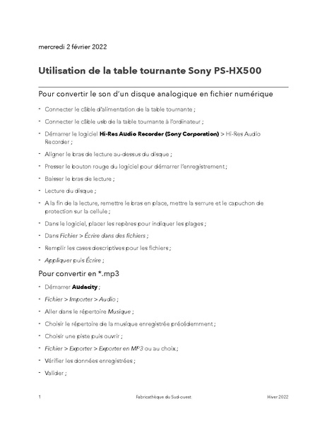 Fichier:Guide utilisation Sony PS-HX500 par Fabricathèque du Sud-Ouest.pdf